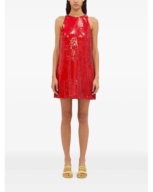 MSGM Red Halterneck Sequin Mini Dress With Side Pockets