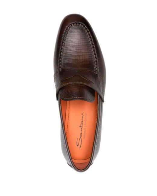 Santoni Brown Textured Leather Loafers for men