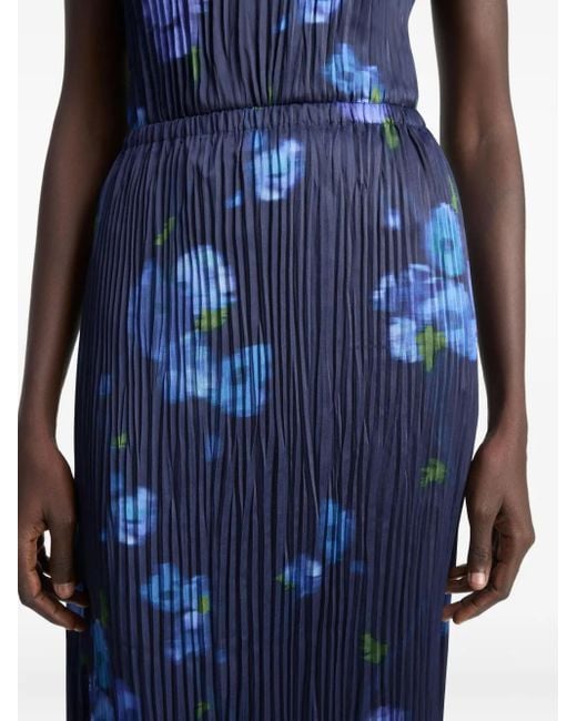 Vince Blue Poppy Blur Pleated Floral Midi Skirt