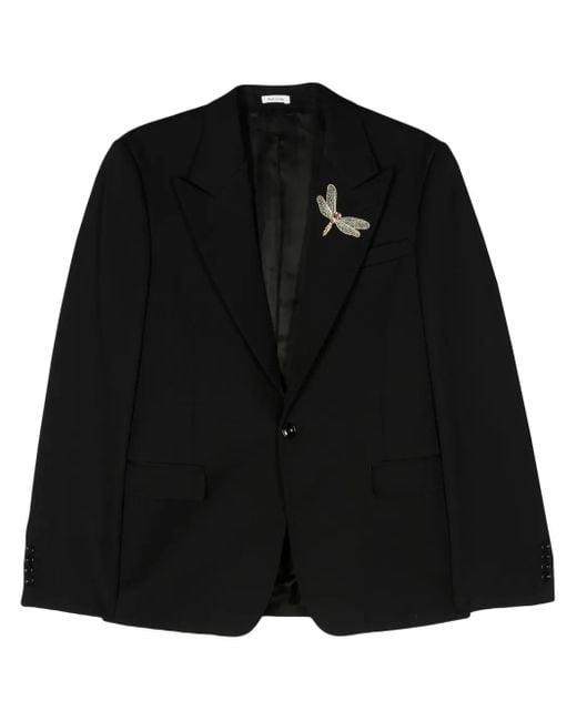 McQueen Black Embroidered-Motif Single-Breasted Blazer for men