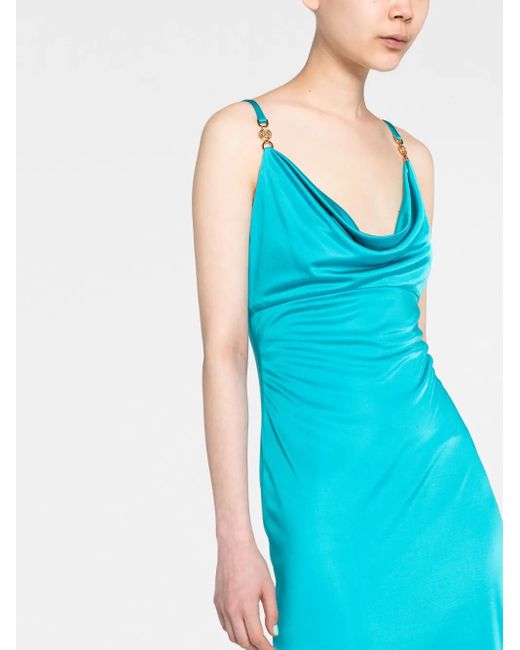 Versace Blue Logo-Plaque Cowl-Neck Midi Dress