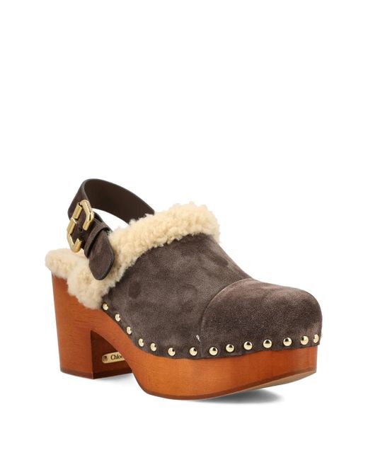 Chloé Brown 80Mm Shearling-Trimmed Studded Clogs