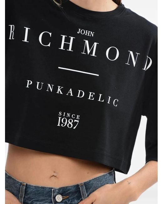 John Richmond Black Logo-Print Cropped T-Shirt