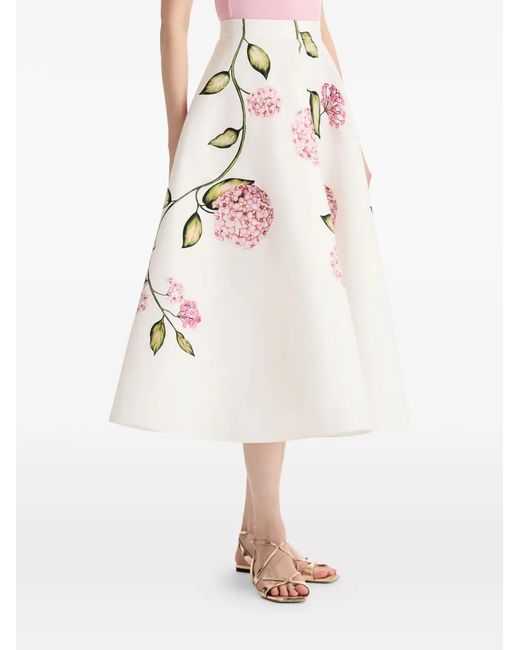 Oscar de la Renta White Flower-Print Midi Skirt