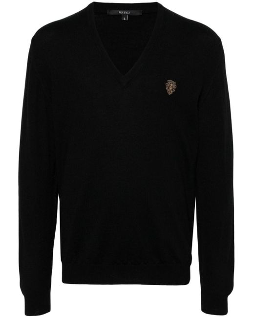 Gucci Black Crest-embroidery Wool Jumper for men