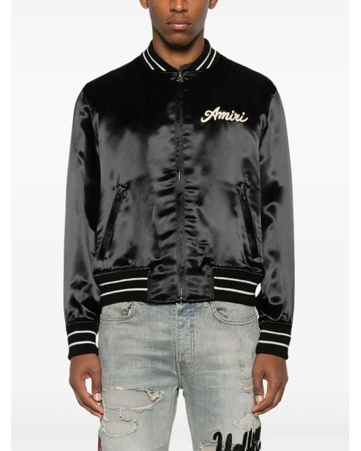 Amiri Black Embroidered Satin Bomber Jacket for men