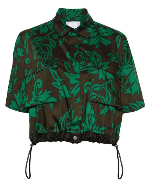 Sacai Green Leaf-print Cropped Shirt