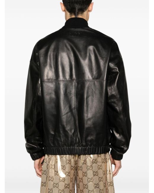 Gucci Black Logo-embroidered Leather Bomber Jacket for men