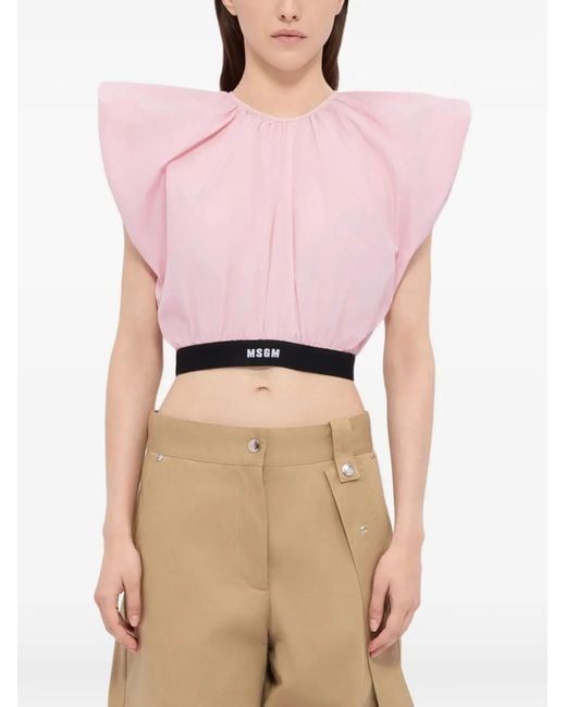 MSGM Pink Logo-Print Cropped Blouse