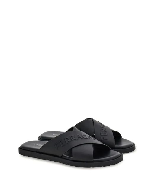 Ferragamo Black Logo Crossover Leather Slides for men