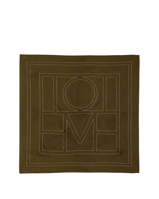 Totême  Green Embroidered-Monogram Silk Scarf
