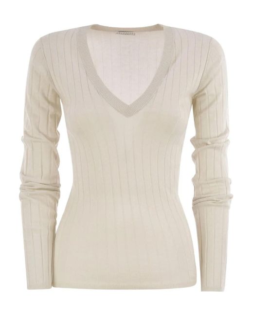 Brunello Cucinelli Natural Ribbed V-Neck Long-Sleeved T-Shirt