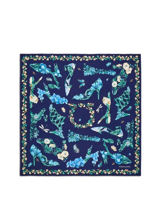 Ferragamo Blue Eden Shoes-Print Silk Scarf