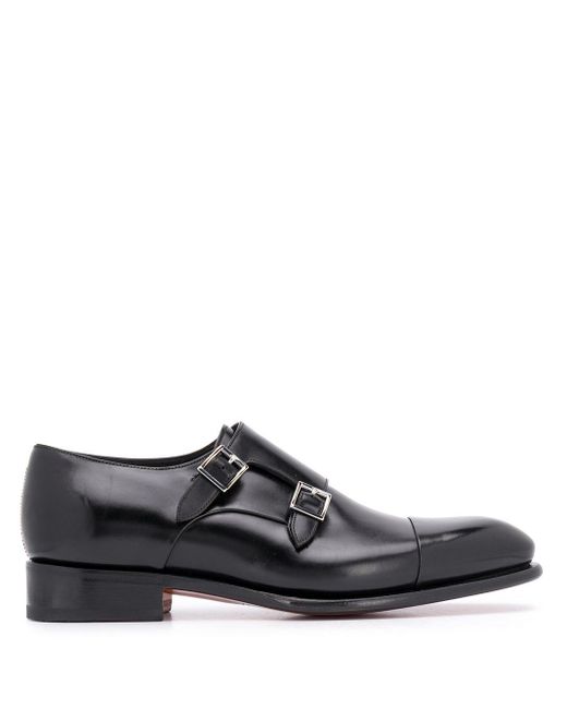 Santoni Black Double Buckle Monk Shoes for men