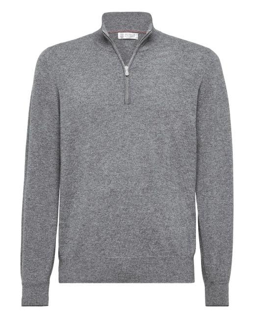 Brunello Cucinelli Gray Cashmere Half Zip Sweater for men