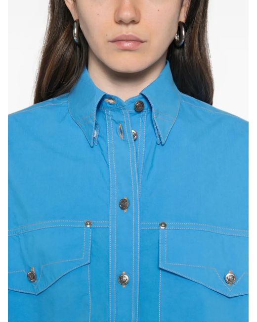 Versace Blue Cotton-Poplin Crop Shirt Jacket