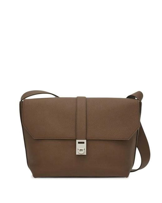 Ferragamo Brown Gancini-Plaque Leather Messenger Bag for men