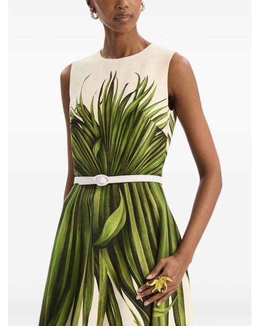 Oscar de la Renta Green Palm Leaves Wool-Blend Dress