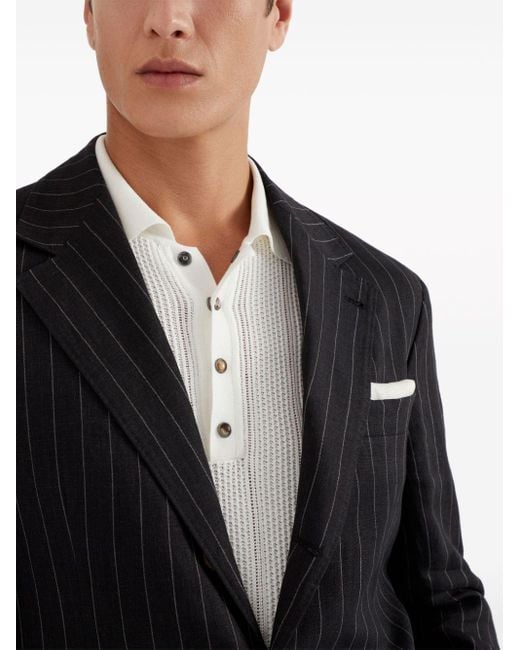 Brunello Cucinelli Black Chalk-stripe Linen Blazer for men