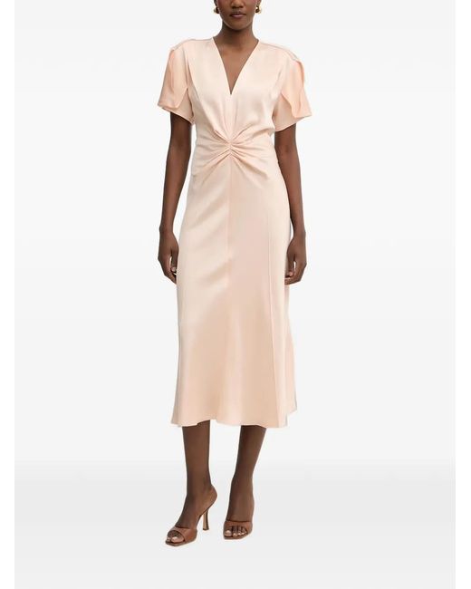 Victoria Beckham Natural Eve Twist-Detail Tulip-Sleeve Midi Dress