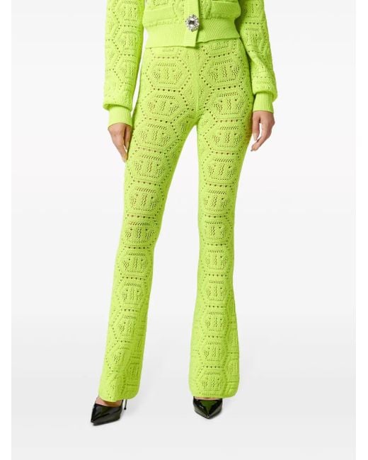 Philipp Plein Green Patterned-Knit Flared Trousers