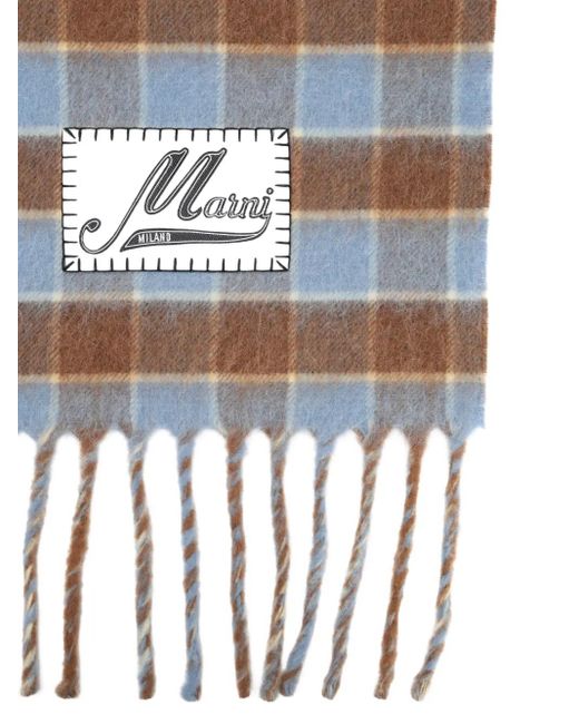 Marni White Plaid-Pattern Fringed Scarf