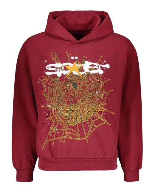 Sp5der Red Spiderweb Print Cotton Hoodie for men