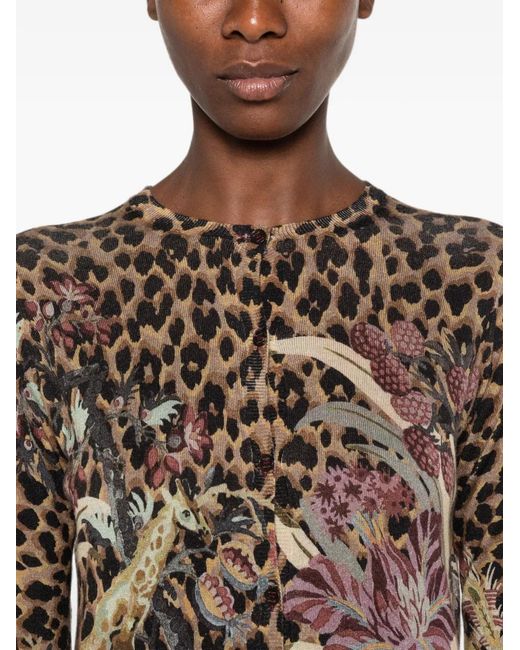 Etro Brown Leopard-Print Floral-Intarsia Cardigan