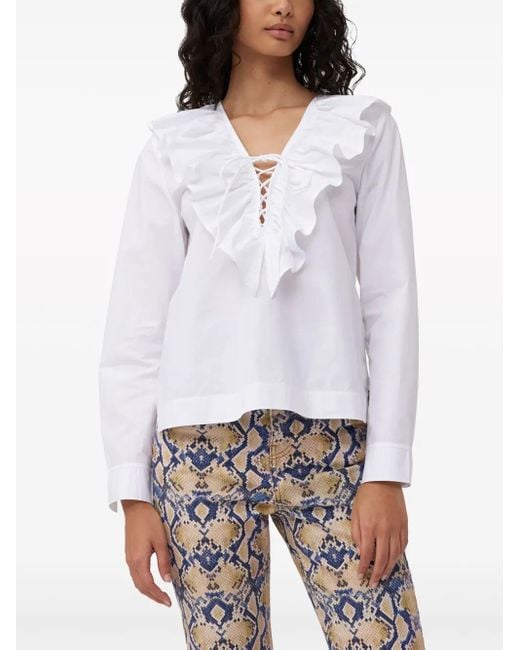 Ganni Blouse Met Ruchekraag Van Biologisch Katoen in het White