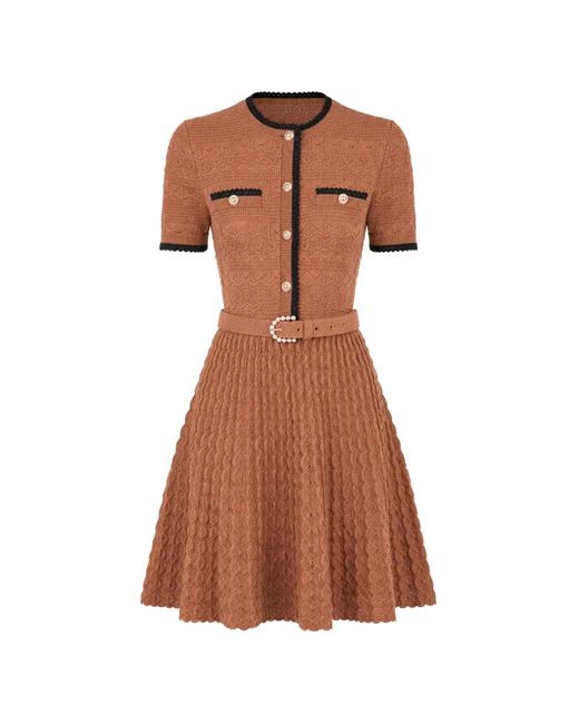 Self-Portrait Brown Pointelle Knit Mini Dress
