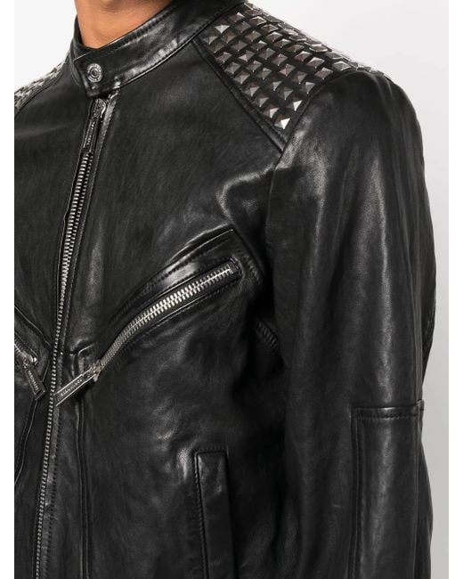 DSquared² Black Studded Leather Biker Jacket for men