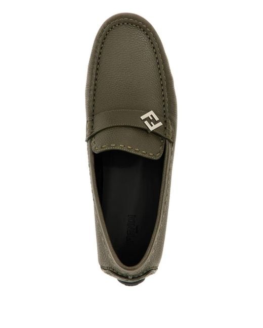 Fendi Gray Ff Squared Leather Loafers for men