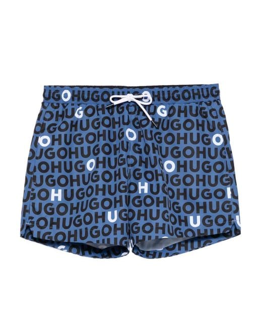 HUGO Blue Logo-Printed Swim Shorts for men