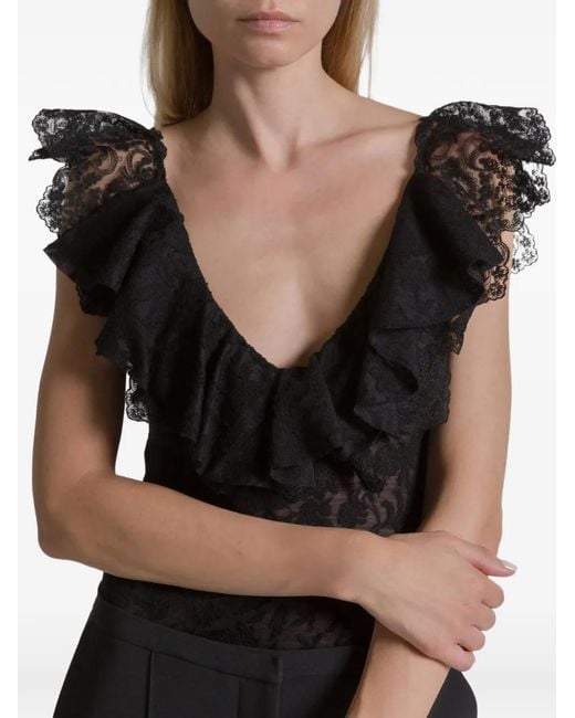 Alberta Ferretti Black Ruffled Lace Bodysuit