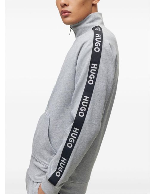 HUGO Gray Logo-tape Cotton Zipped Sweatshirt for men