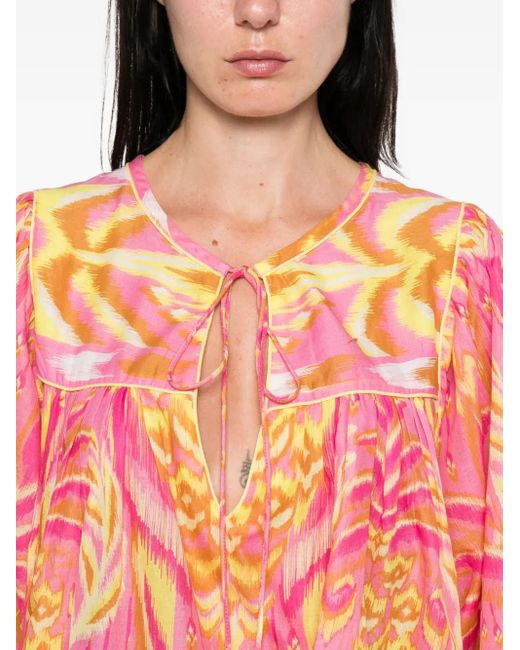 Farm Rio Pink Pineapple Tapestry Tassel-Neckline Patterned Top
