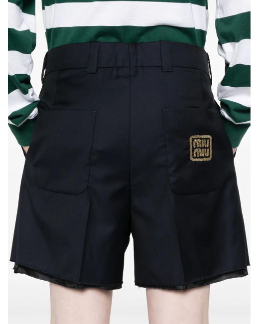 Miu Miu Blue Logo-embroidered Wool Shorts