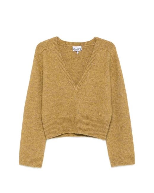 Ganni Natural Ribbed-Trim V-Neck Sweater