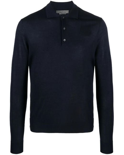Corneliani Blue Fine-Knit Long-Sleeve Polo Shirt for men