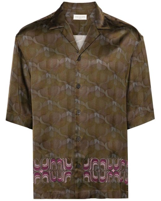 Dries Van Noten Brown Geometric-embroidered Satin Shirt for men