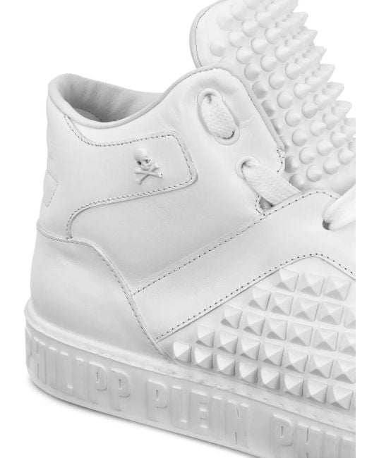 Philipp Plein White Nappa Leather Mid-Top Sneakers Studs