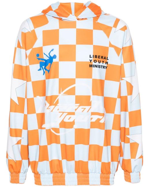 Liberal Youth Ministry Orange Hoodie En Coton À Motif Damier for men