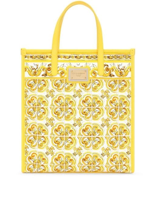 Medium Majolica-print canvas tote bag Dolce & Gabbana en coloris Yellow