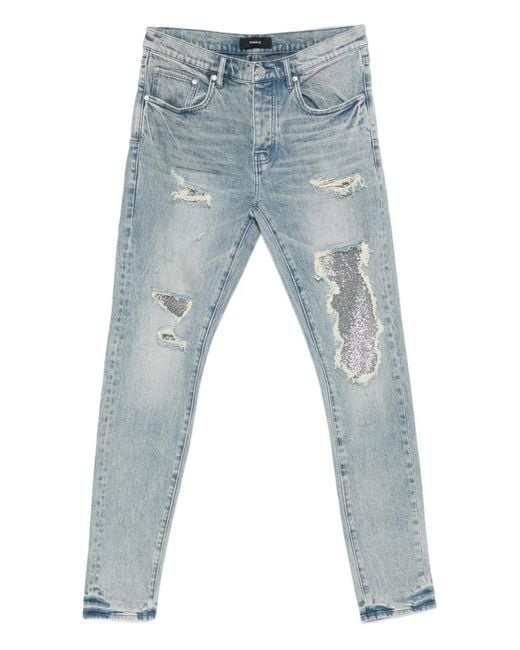 Purple Brand Blue Sequin-embellished Denim Jeans for men
