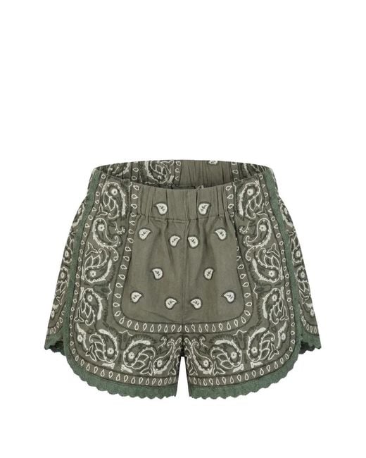 ORSINA Green Bandana Paisley-Embroidered Scalloped Shorts