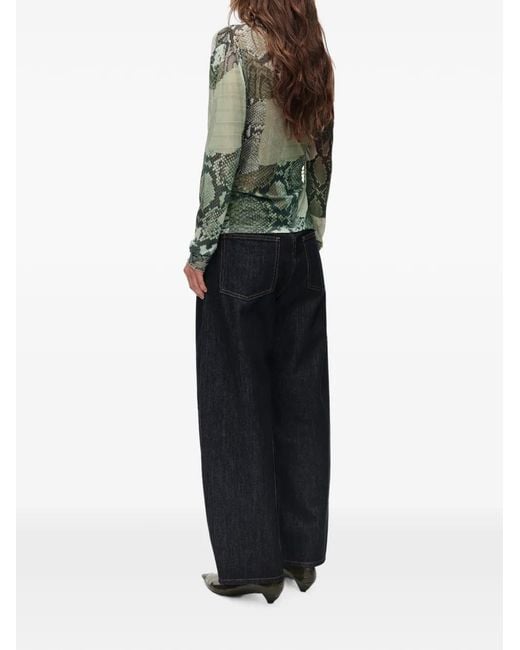 Bimba Y Lola Green Snake-Patchwork Ruched Tulle T-Shirt