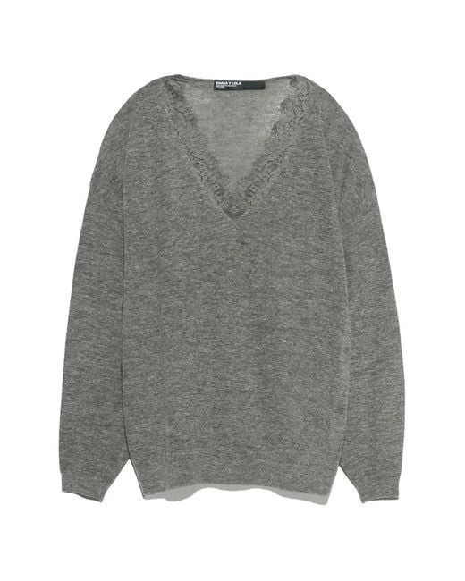 Bimba Y Lola Gray Long Dark Melange Wool And Lace Sweater