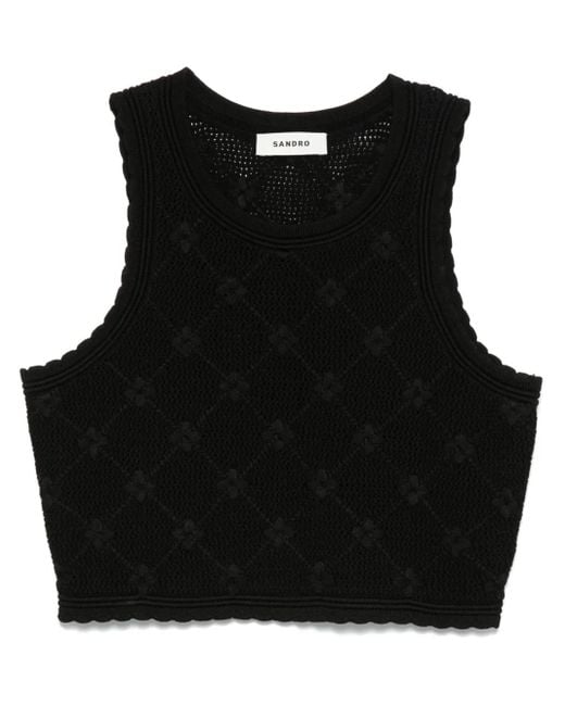 Sandro Black Floral-Embroidered Top