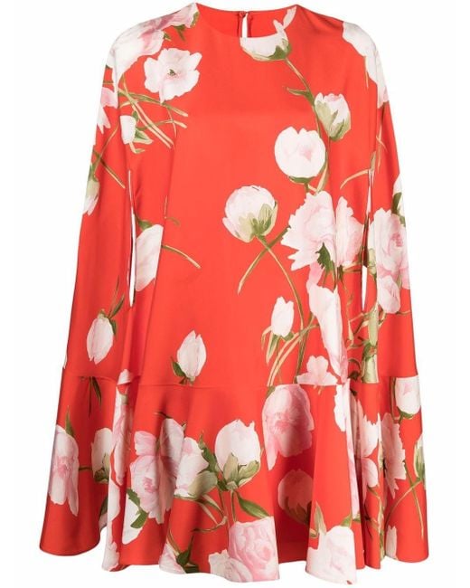 Valentino Red Floral-print Cape Dress