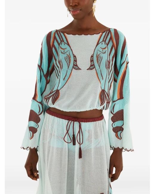 Farm Rio Blue Fish-Print Open-Knit Blouse